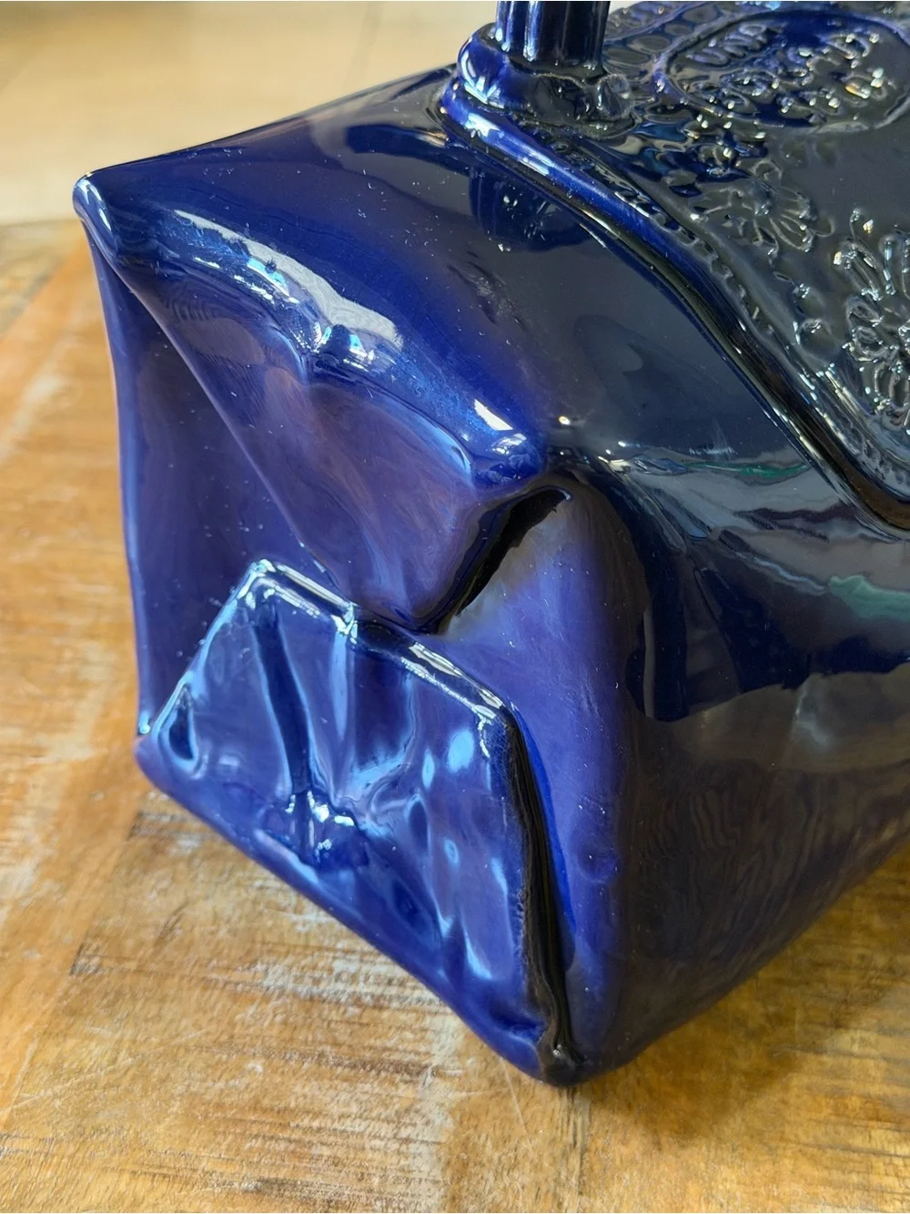 Vintage Italian Ceramic Handbag Sculpture Cobalt Blue Floral Purse Decor 10x6x4”